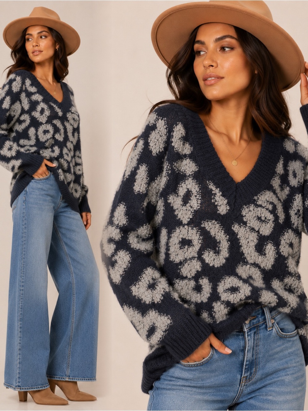 entro Navy V-Neck Leopard Print Sweater with Light Gray Spots